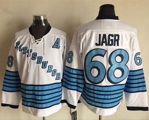 Penguins #68 Jaromir Jagr White/Light Blue CCM Throwback Stitched NHL Jersey - Click Image to Close